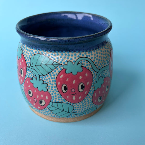 Ceramic Wheel Thrown Mug Frogs Strawberry 11.5oz
