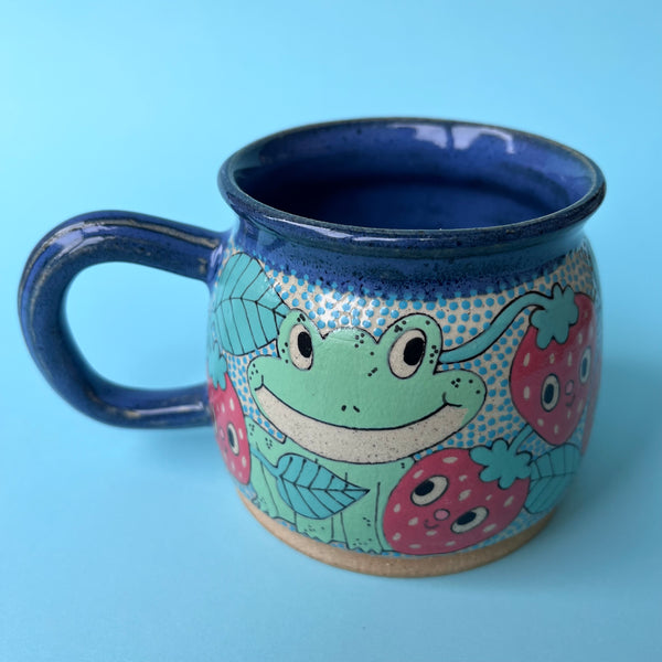 Ceramic Wheel Thrown Mug Frogs Strawberry 11.5oz
