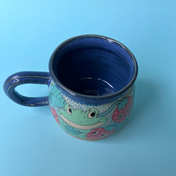 Ceramic Wheel Thrown Mug Frogs Strawberry 11.5oz
