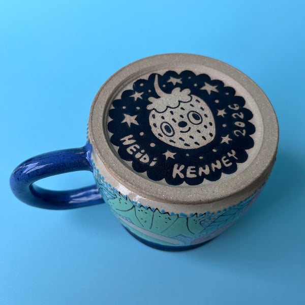 Ceramic Wheel Thrown Mug Frogs Strawberry 11.5oz
