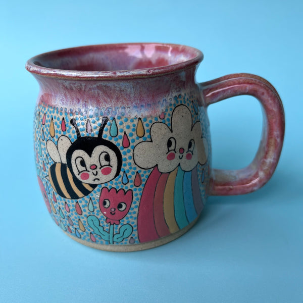 Ceramic Wheel Thrown Mug Rainbow Cloud Bee 14.5oz
