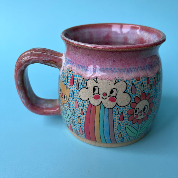 Ceramic Wheel Thrown Mug Rainbow Cloud Bee 14.5oz