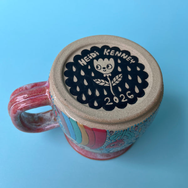 Ceramic Wheel Thrown Mug Rainbow Cloud Bee 14.5oz