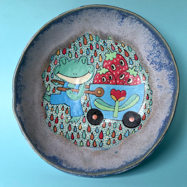 Ceramic Hand Built Dish Frog Strawberries