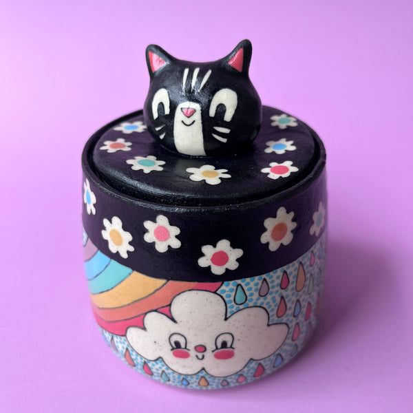 Ceramic Wheel Thrown Jar Cat Rainbow Cloud 9oz