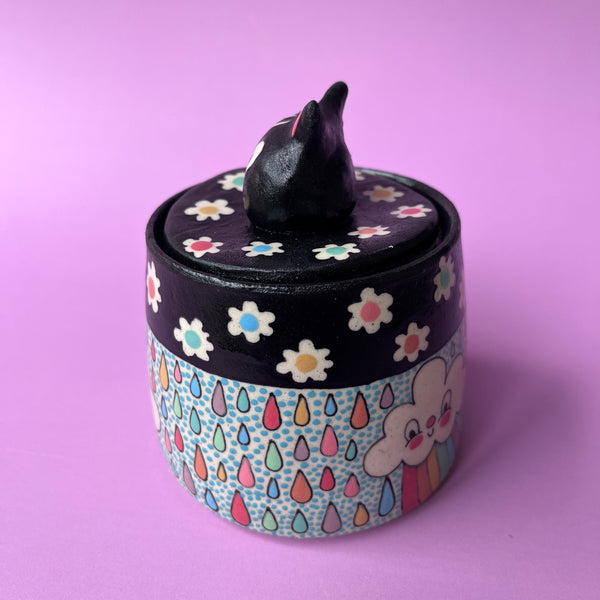 Ceramic Wheel Thrown Jar Cat Rainbow Cloud 9oz