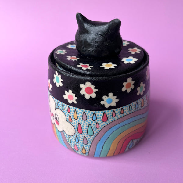 Ceramic Wheel Thrown Jar Cat Rainbow Cloud 9oz