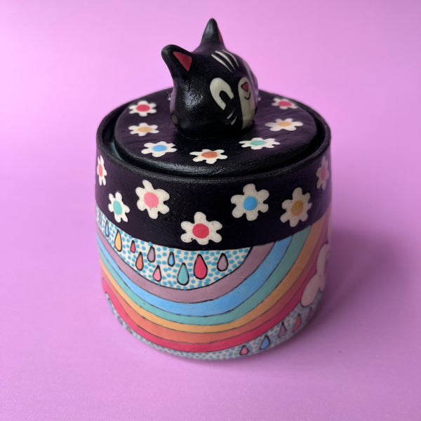 Ceramic Wheel Thrown Jar Cat Rainbow Cloud 9oz