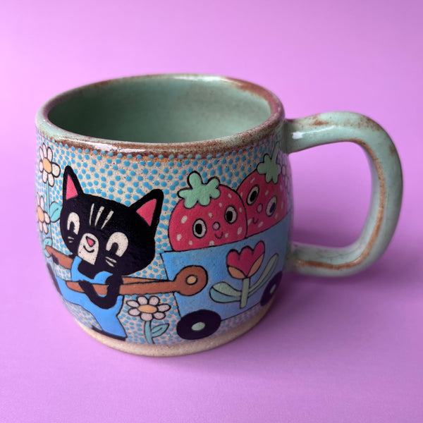 Ceramic Wheel Thrown Mug Strawberry Cat 11oz
