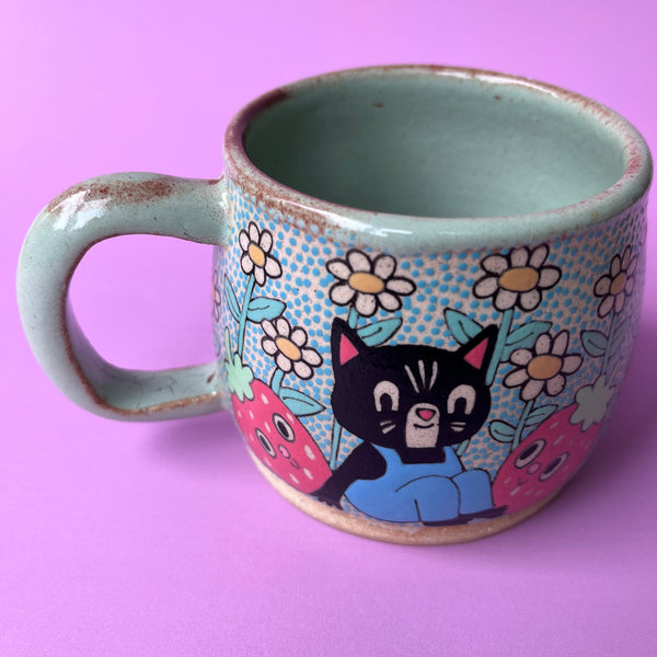 Ceramic Wheel Thrown Mug Strawberry Cat 11oz