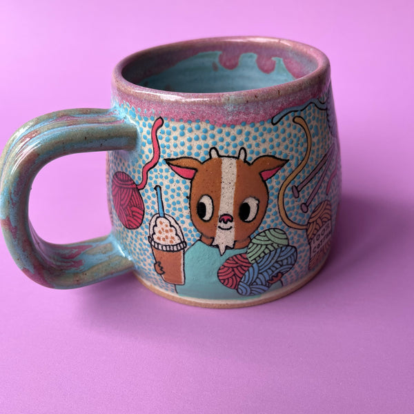 Ceramic Wheel Thrown Mug Goats Yarn 11oz