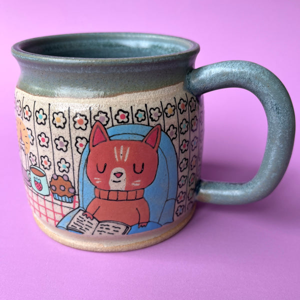 Ceramic Wheel Thrown Mug Cats Reading 14.5oz