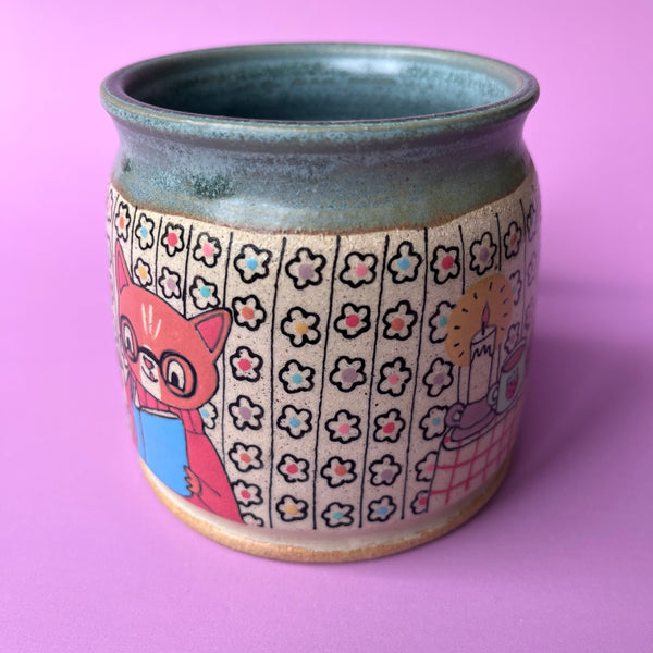 Ceramic Wheel Thrown Mug Cats Reading 14.5oz