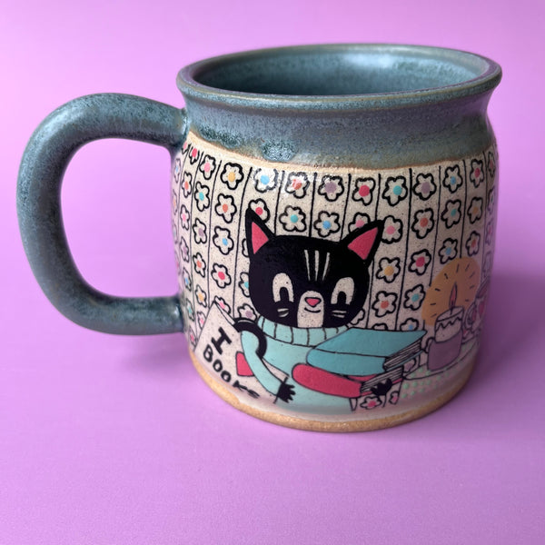 Ceramic Wheel Thrown Mug Cats Reading 14.5oz