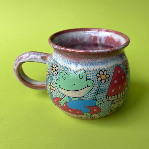 Ceramic Wheel Thrown Mug Cat Frog Mushroom 11.5oz