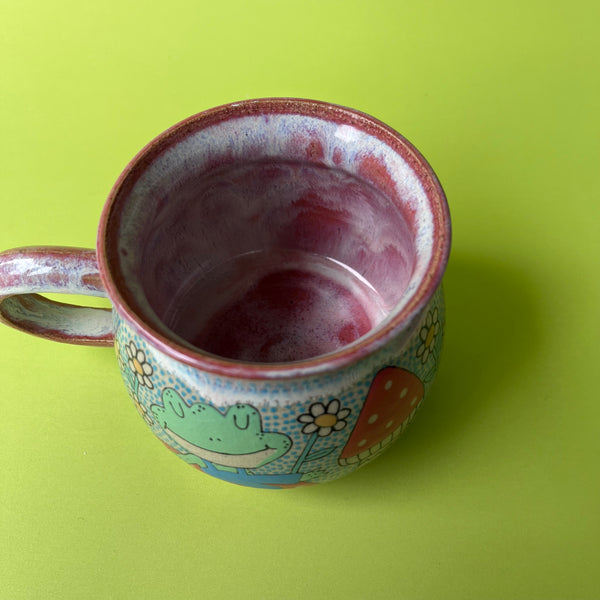 Ceramic Wheel Thrown Mug Cat Frog Mushroom 11.5oz