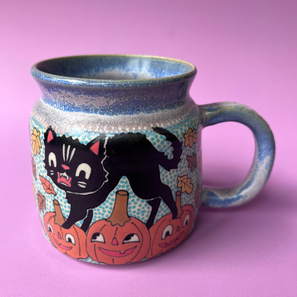 Ceramic Wheel Thrown Halloween Cats Mug 13oz