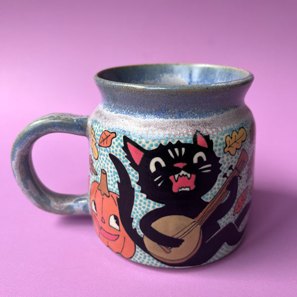 Ceramic Wheel Thrown Halloween Cats Mug 13oz