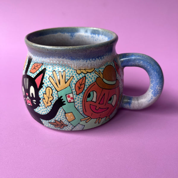 Ceramic Wheel Thrown Halloween Pumpkin Head Cats Mug 11oz