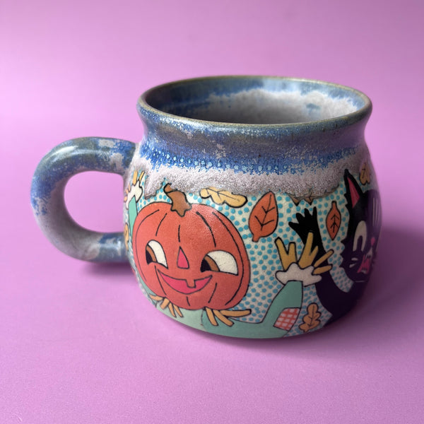 Ceramic Wheel Thrown Halloween Pumpkin Head Cats Mug 11oz