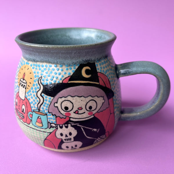Ceramic Wheel Thrown Knitting Witch Mug 10.5oz