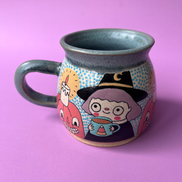 Ceramic Wheel Thrown Knitting Witch Mug 10.5oz