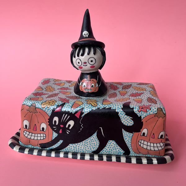 Ceramic Hand Built Halloween Witch Butter Dish