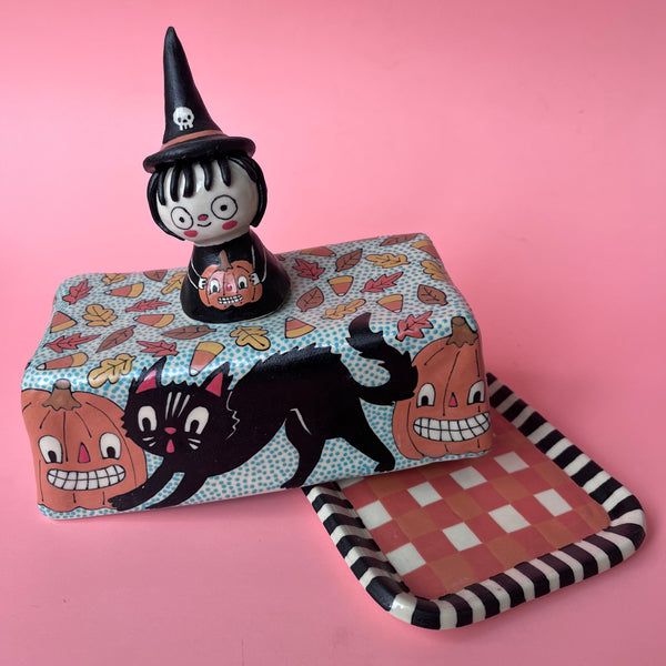 Ceramic Hand Built Halloween Witch Butter Dish