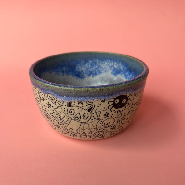 Ceramic Wheel Thrown Halloween Doodle Bowl