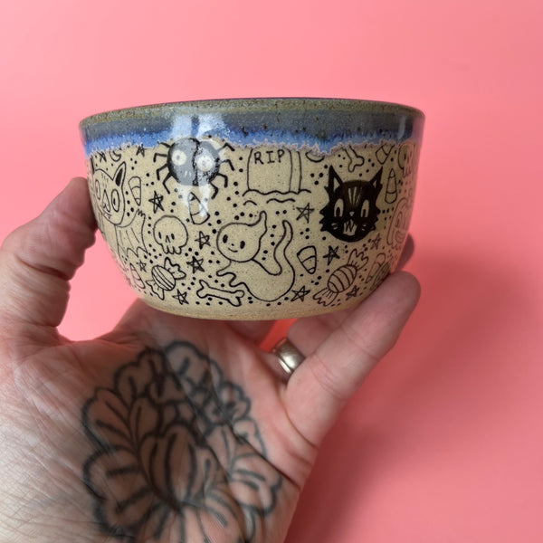 Ceramic Wheel Thrown Halloween Doodle Bowl