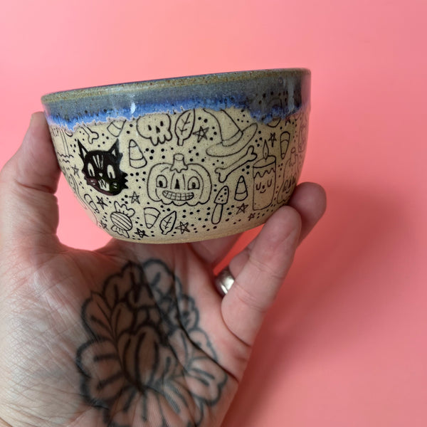 Ceramic Wheel Thrown Halloween Doodle Bowl