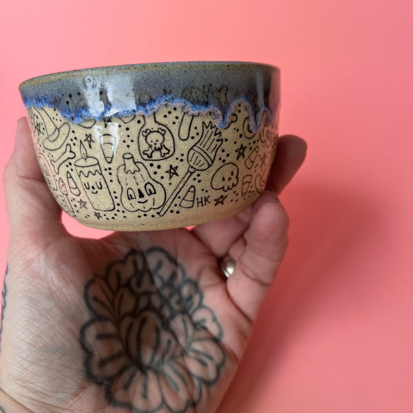 Ceramic Wheel Thrown Halloween Doodle Bowl