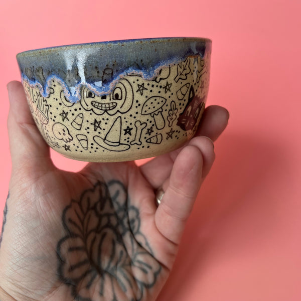 Ceramic Wheel Thrown Halloween Doodle Bowl