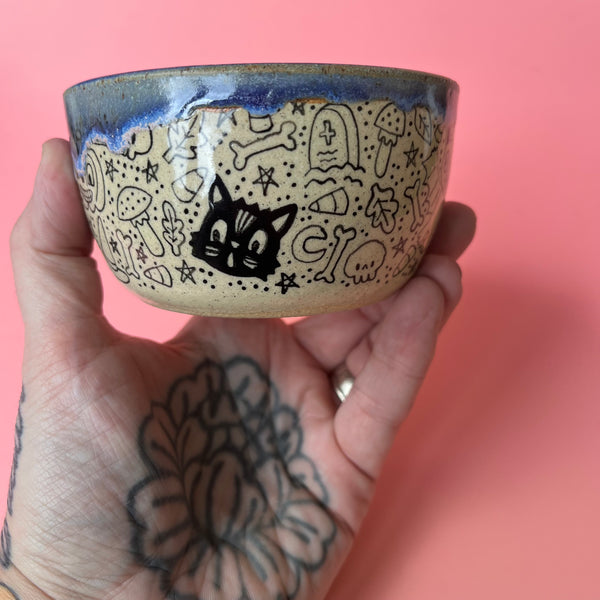 Ceramic Wheel Thrown Halloween Doodle Bowl