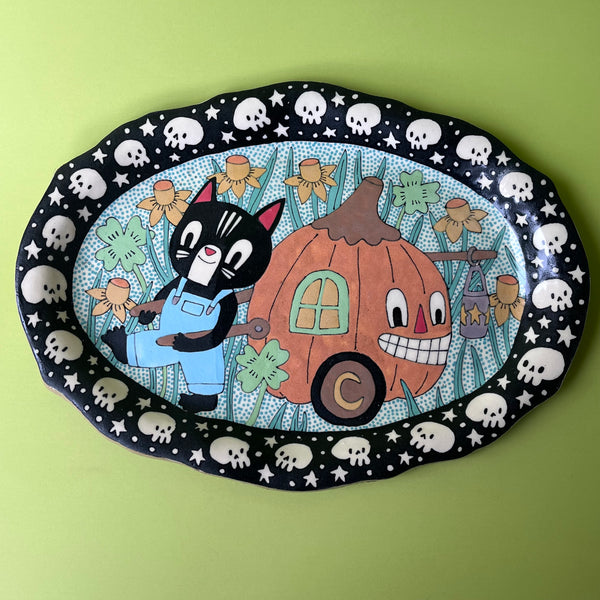Ceramic hand Built Cat Pumpkin Platter