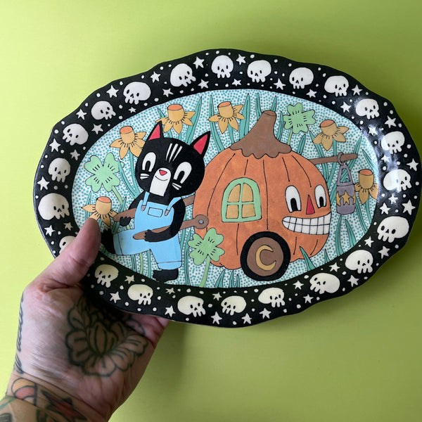Ceramic hand Built Cat Pumpkin Platter