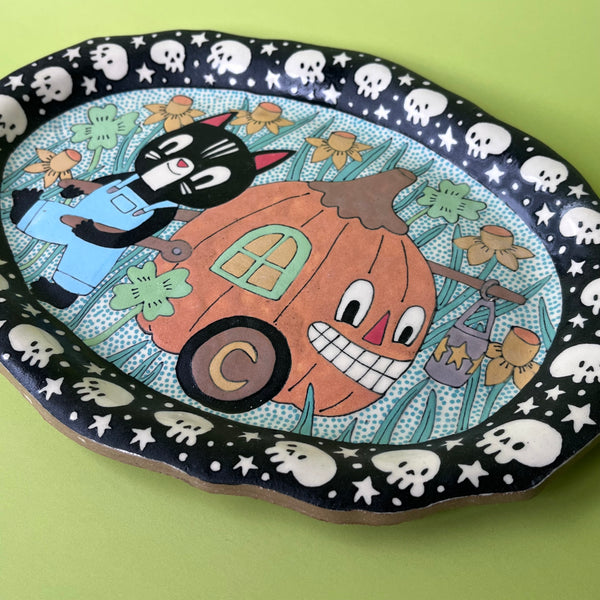 Ceramic hand Built Cat Pumpkin Platter