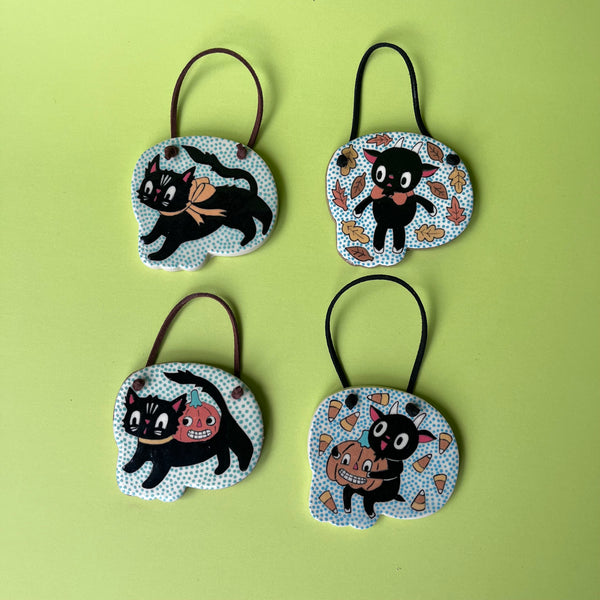 Ceramic Hand Built Halloween Goat Cat Skull Wall Hanging