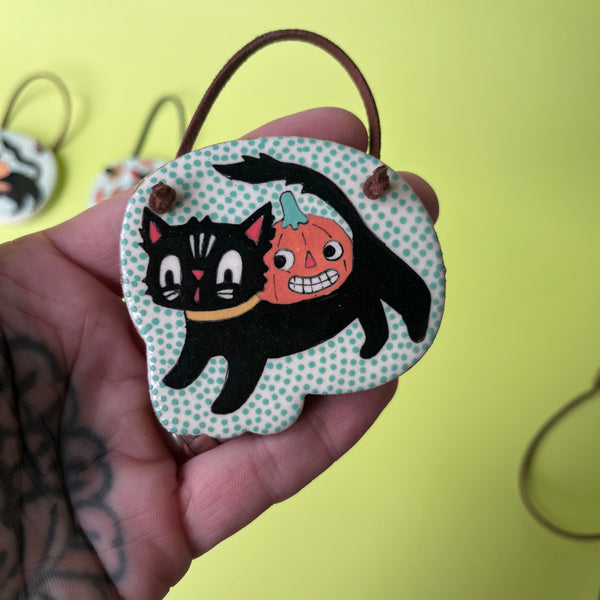 Ceramic Hand Built Halloween Goat Cat Skull Wall Hanging