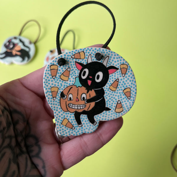 Ceramic Hand Built Halloween Goat Cat Skull Wall Hanging