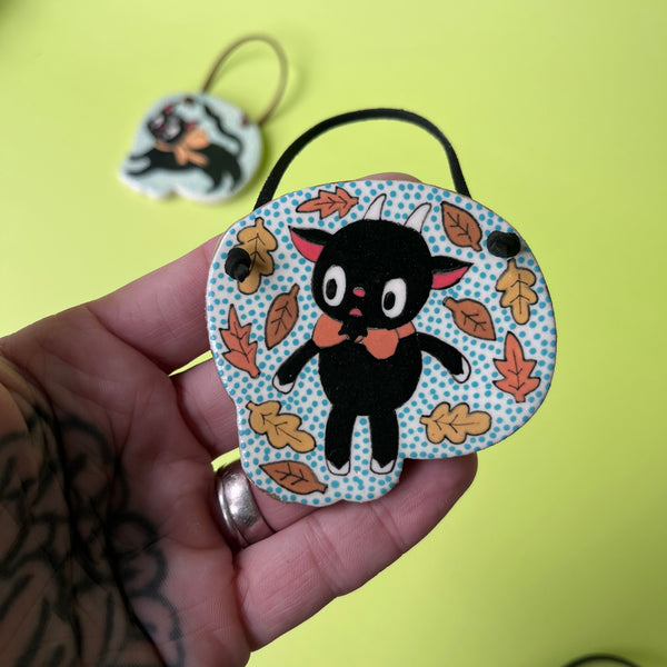 Ceramic Hand Built Halloween Goat Cat Skull Wall Hanging