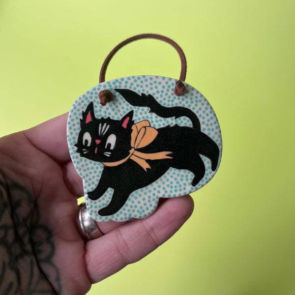 Ceramic Hand Built Halloween Goat Cat Skull Wall Hanging