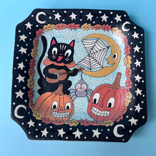 Ceramic Hand Built Halloween Cat Plate