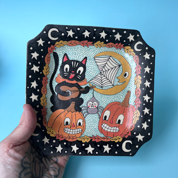 Ceramic Hand Built Halloween Cat Plate