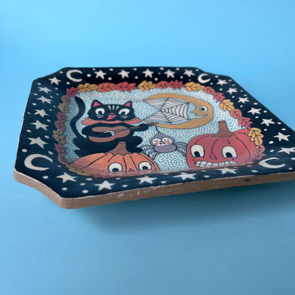 Ceramic Hand Built Halloween Cat Plate