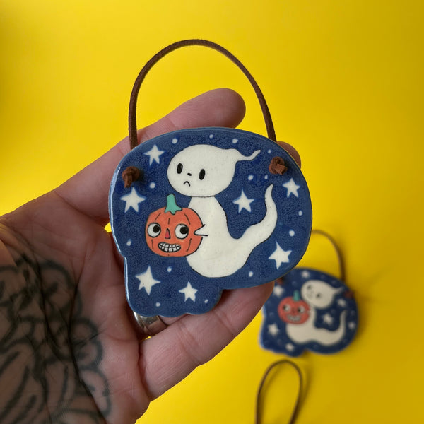 Ceramic Hand Built Halloween Ghost Wall Hanging