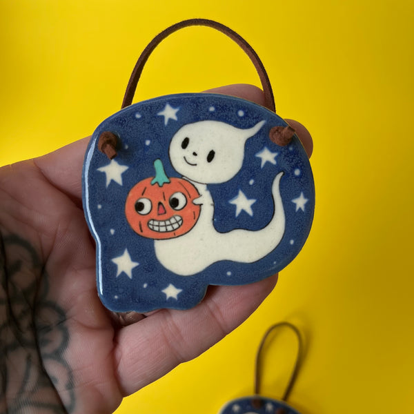 Ceramic Hand Built Halloween Ghost Wall Hanging