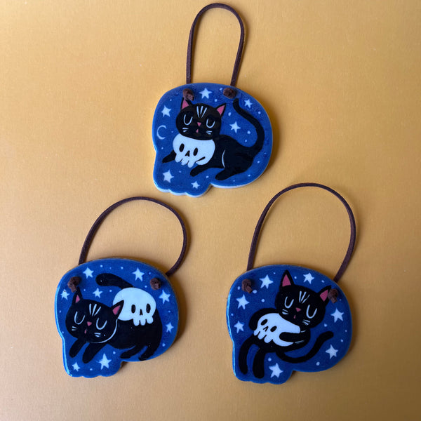 Ceramic Hand Built Cat Skull Wall Hanging