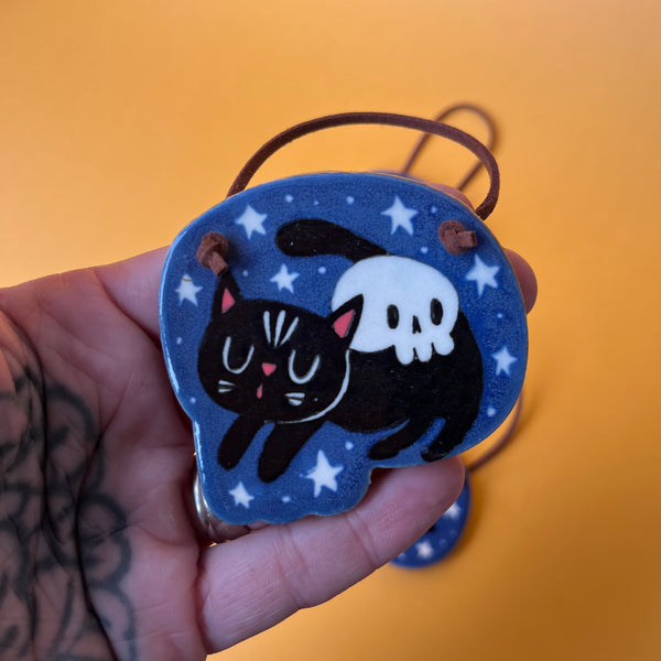 Ceramic Hand Built Cat Skull Wall Hanging