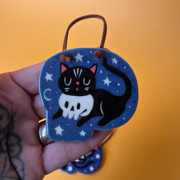 Ceramic Hand Built Cat Skull Wall Hanging